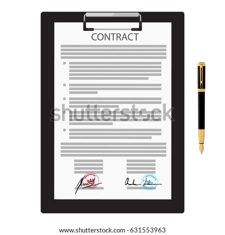 Vector illustration of signed business contract, agreement icon with round stamps on clipboard with golden, red pen. Paper deal 