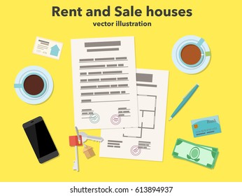 Vector Illustration of Signing a contract for the rent or sale of a house with an agent top view. Coffee, tea cup, Business card, telephone, keys, house plan, pen, bank card, money in flat design