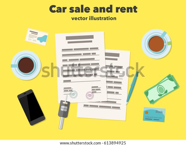 Vector\
Illustration of Signing a contract for the rent or sale of a car\
with an agent top view. Coffee, tea cup, Business card, telephone,\
key, pen, bank card, money in flat\
design
