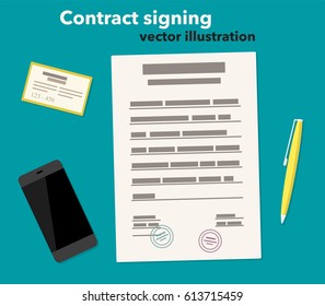 Vector Illustration of Signing a contract top view. Business card, telephone, pen in flat design