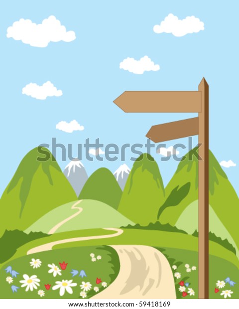 vector illustration of a\
signpost in beautiful countryside with snow capped mountains and\
blue sky