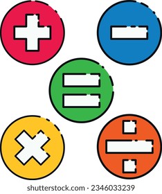 Ilustración vectorial de signos y operaciones matemáticas de adición, sustracción, multiplicación, división e igualdad. Aritmética y cálculos.