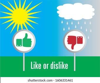 Vector illustration, signs with thumbs up and down. Sunny on left side and rainy on the right side.