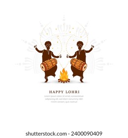 Imagen vectorial de hombres sij jugando al dhol en las vacaciones felices de Lohri y Baishakhi para el festival Punjabi.