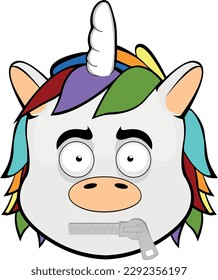 Vektorgrafik eines geräuschvollen, unicornfarbenen Cartoons mit Reißverschluss im Mund