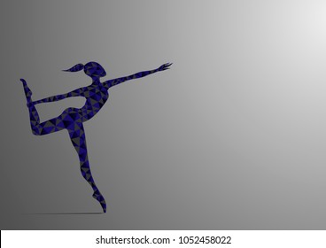 Vector illustration silhouette with abstract polygonal geometric pattern without face girl in ballet pose with raised leg on gray isolate background. Symbol of a healthy lifestyle