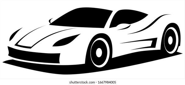 Vector illustration silhouette of the aerodynamic super sports car drawn using black and white lines which can be used as a logo for a company