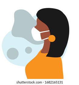 Ilustración vectorial con silueta de una joven afro-americana con máscaras protectoras sobre un fondo blanco. Enfermedad epidémica