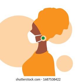 Ilustración vectorial con silueta de una joven afro-americana con máscaras protectoras sobre un fondo blanco. Concepto de enfermedad epidémica