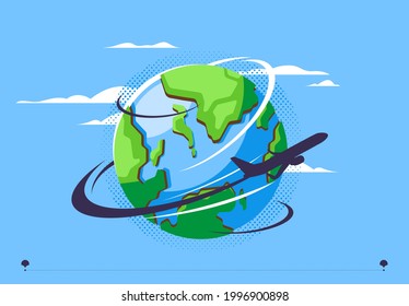vector illustration of the silhouette of an airplane rounding around the planet, the plane is flying, the planet earth, a passenger plane over the planet earth