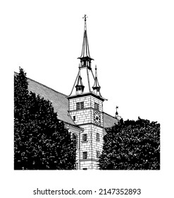 Vector illustration with silhouette of ancient clock tower and weather vane on a spire in Switzerland.