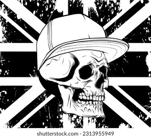 vector illustration of silhouette Angry skull with hat on uk flag