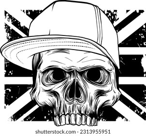 vector illustration of silhouette Angry skull with hat on uk flag
