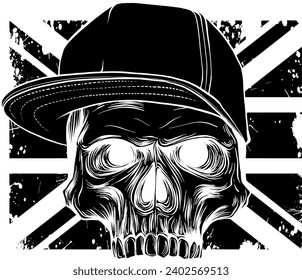 vector illustration of silhouette Angry skull with hat on uk flag