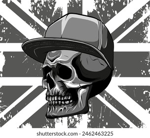 Ilustración vectorial de la silueta Calavera enojada con sombrero en la bandera del Reino Unido