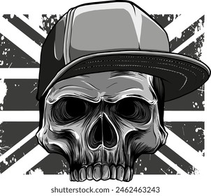 vector illustration of silhouette Angry skull with hat on uk flag