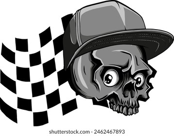vector illustration of silhouette Angry skull with hat and race flag on background