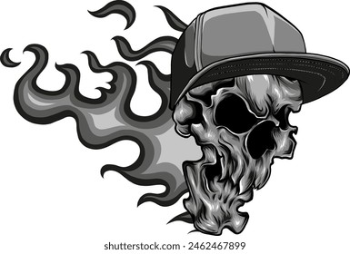vector illustration of silhouette Angry skull with hat and flames on white background