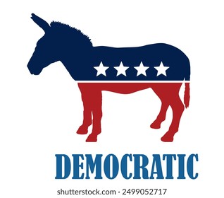 Ilustración vectorial silueta animal burro aislado. Emblema del partido político democrático, símbolo de la bandera de Estados Unidos. Campaña de elección política presidencial estadounidense. Signo patriótico tradicional estadounidense.