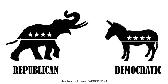 Vector illustration silhouette animals donkey VS elephant isolated. Republican and democrat political parties USA flag symbol. Presidential American political election vote campaign. US patriotic sign