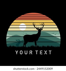 vector illustration of the silhouette of an antelope in the wild, grass, mountains and sunset