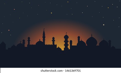 Vector illustration of a silhouette of an arab city against the sky with yellow stars.