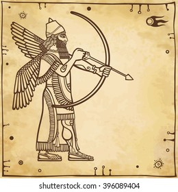 Vector illustration: silhouette of the Assyrian archer. A place for the text. Imitation of old paper.