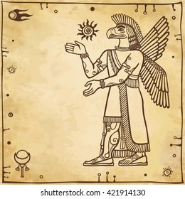 Vector illustration: a silhouette of the Assyrian deity with a body of the person and the head of a bird. Character of Sumerian mythology. Full growth. Background - imitation of old paper.