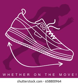 Vector illustration of silhouette of an athlete and sneakers. Sports shoes and runner. Advertisements, brochures, business templates. Isolated on a color background