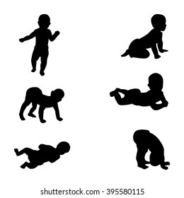 Vector Illustration Of A Silhouette Of A Baby In Diapers Icon. Standing Toddler. Isolated On White Background. The Child Begins To Walk On Two Legs.