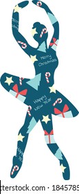 vector illustration of a silhouette of a ballerina in a dance position with a pattern of Christmas gifts, firs, candy and stars