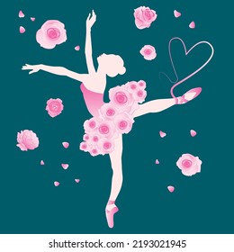 Vector illustration silhouette ballerina in pink tutu   skirt roses  Pointe shoes and heart  shaped ribbons  Emerald dark green background and flower petals   rosebuds 