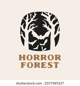 Vector illustration of a silhouette bats fly out of the horror forest. Logo Halloween.