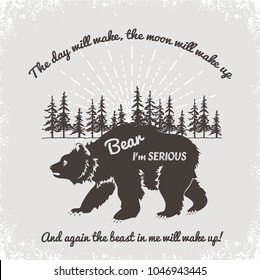 vector illustration of a silhouette of a bear, an ancient engraving of a wild beast with an inscription