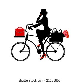 Vector  Illustration of Silhouette a beautiful business woman speaking on the phone while riding a bicycle.