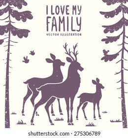 vector illustration silhouette of beautiful family deer in a pine forest