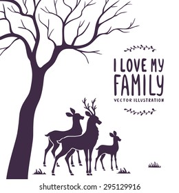 vector illustration silhouette of beautiful family deer and tree