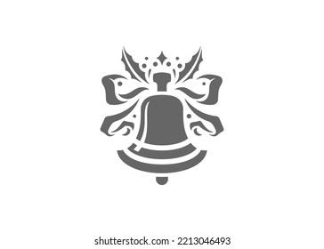 Vector illustration of silhouette of bell decorated with ribbon and holly leaves as symbol of Christmas day