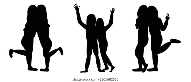 Vector illustration of silhouette best friends girls hugging each other.