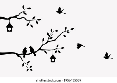 Vector Illustration Silhouette Of Black Birds Family Near A Tree Branch With House