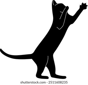 vector illustration of a silhouette black cat playing and standing with two feet, no people.