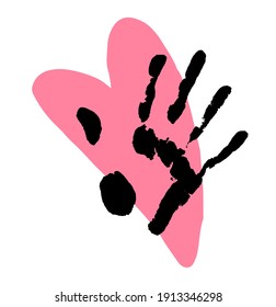 vector illustration of a silhouette of a black open palm print on top of a pink heart on a white background. an isolated element of romantic relationships or family support for a design template