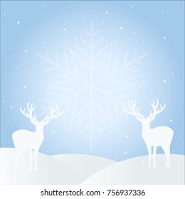 Vector illustration silhouette of blue sky with snow falling and two reindeers. Nature landscape background.Christmas or Xmas card or winter concept.
