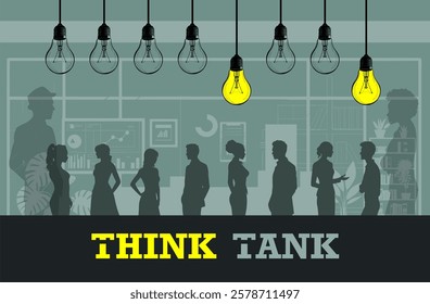 Vector illustration silhouette body of people in brainstorming - idea and solution with glowing light bulb - think tank strategy - experts and specialists