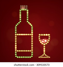 Vector illustration:  silhouette of bottle of vine with label and plug and wineglass with red wine made of golden, green, red and brown crystals isolated on dark red background
