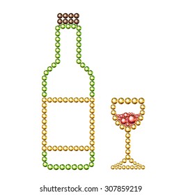 Vector illustration: silhouette of bottle of wine with label and plug and wineglass with red wine made of golden, green, red and brown crystals isolated on white background