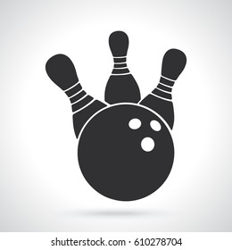 Vector illustration. Silhouette of bowling ball knocks down pins. Sports equipment. 