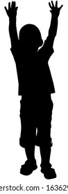 Vector illustration. Silhouette of a boy who raised his hands up