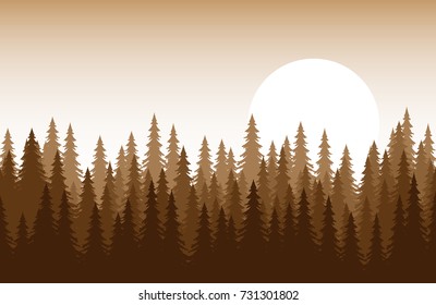 Vector illustration silhouette of brown pines tree forest with snow falling on fogging and sunset or sunrise sky. Nature landscape background.