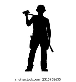 Vector illustration. Silhouette of a builder with a hammer in his hand.